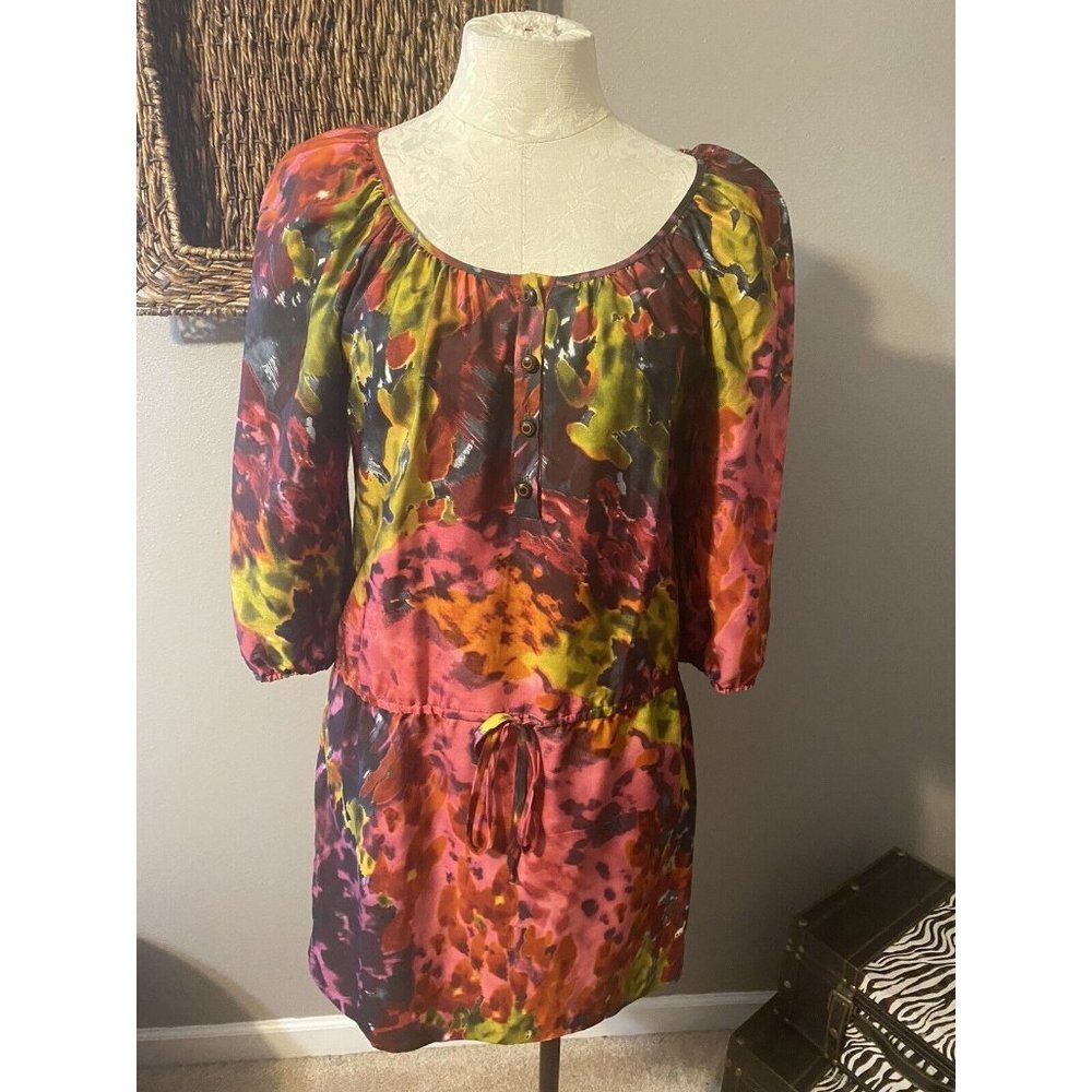 Trina Turk Silk Mulicolor Dropped Waist 3/4 Long Sleeve Dress 8 Medium - Picture 3 of 9